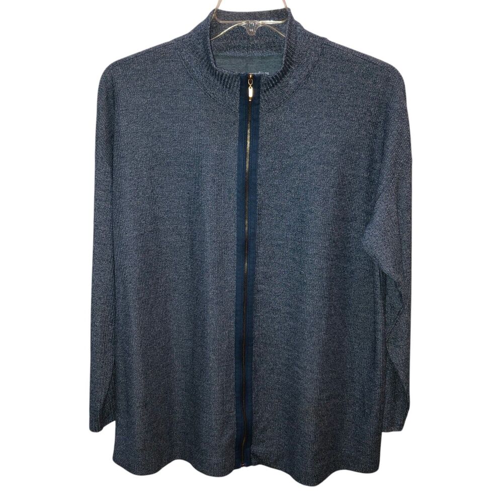 Soft Surroundings Womens XL Blue Full Zip Mock Neck Long Sleeve Knit Jacket Top